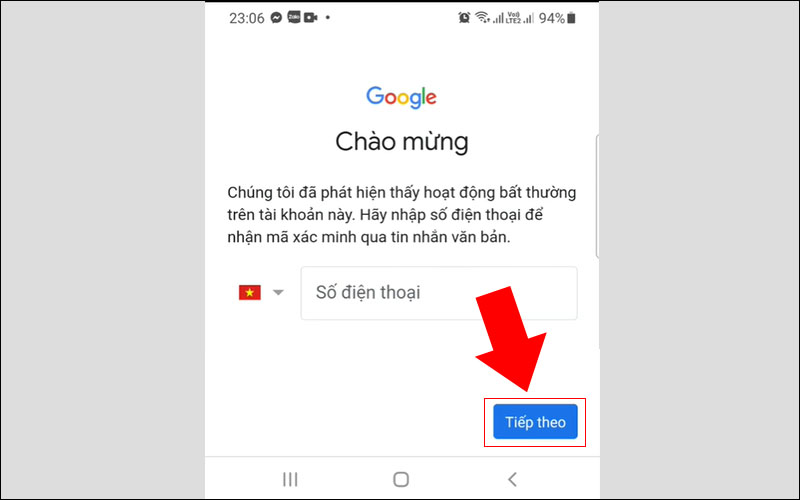 Nhấn Tiếp theo để đăng nhập và sử dụng email